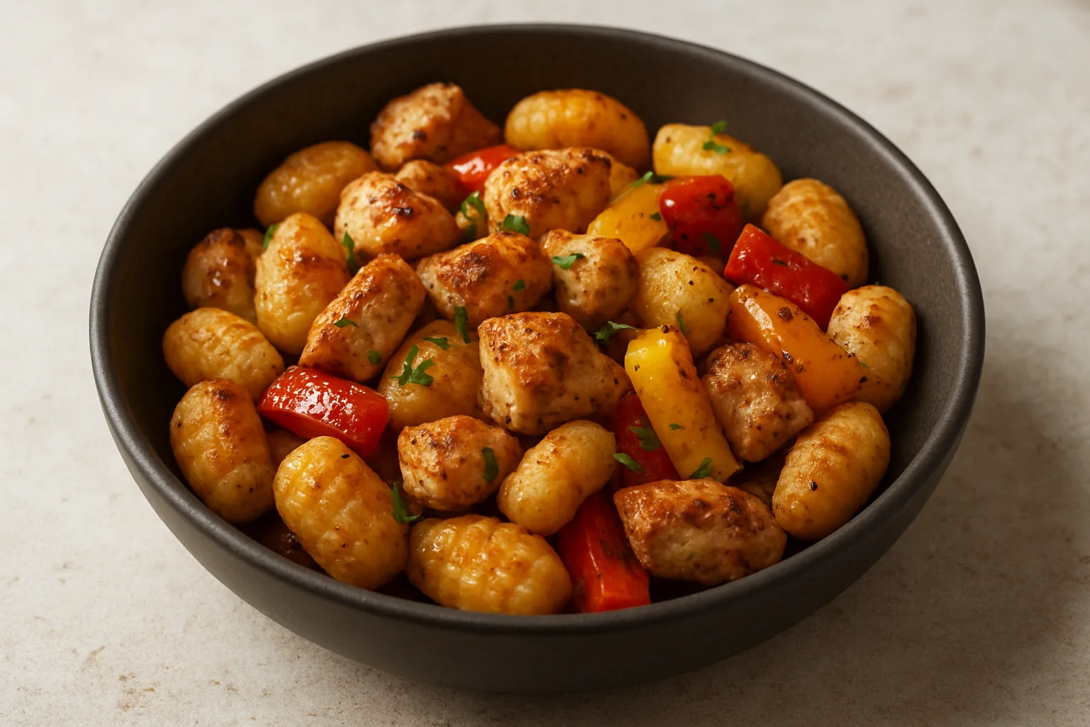 Knusprige Airfryer-Gnocchi mit Hähnchen, roter Paprika und geriebenem Parmesan in einer dunklen Schale