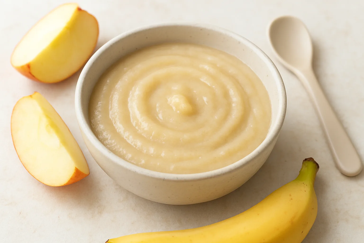 Cremiger Apfel-Hafer-Babybrei mit Banane in einer hellen Schale