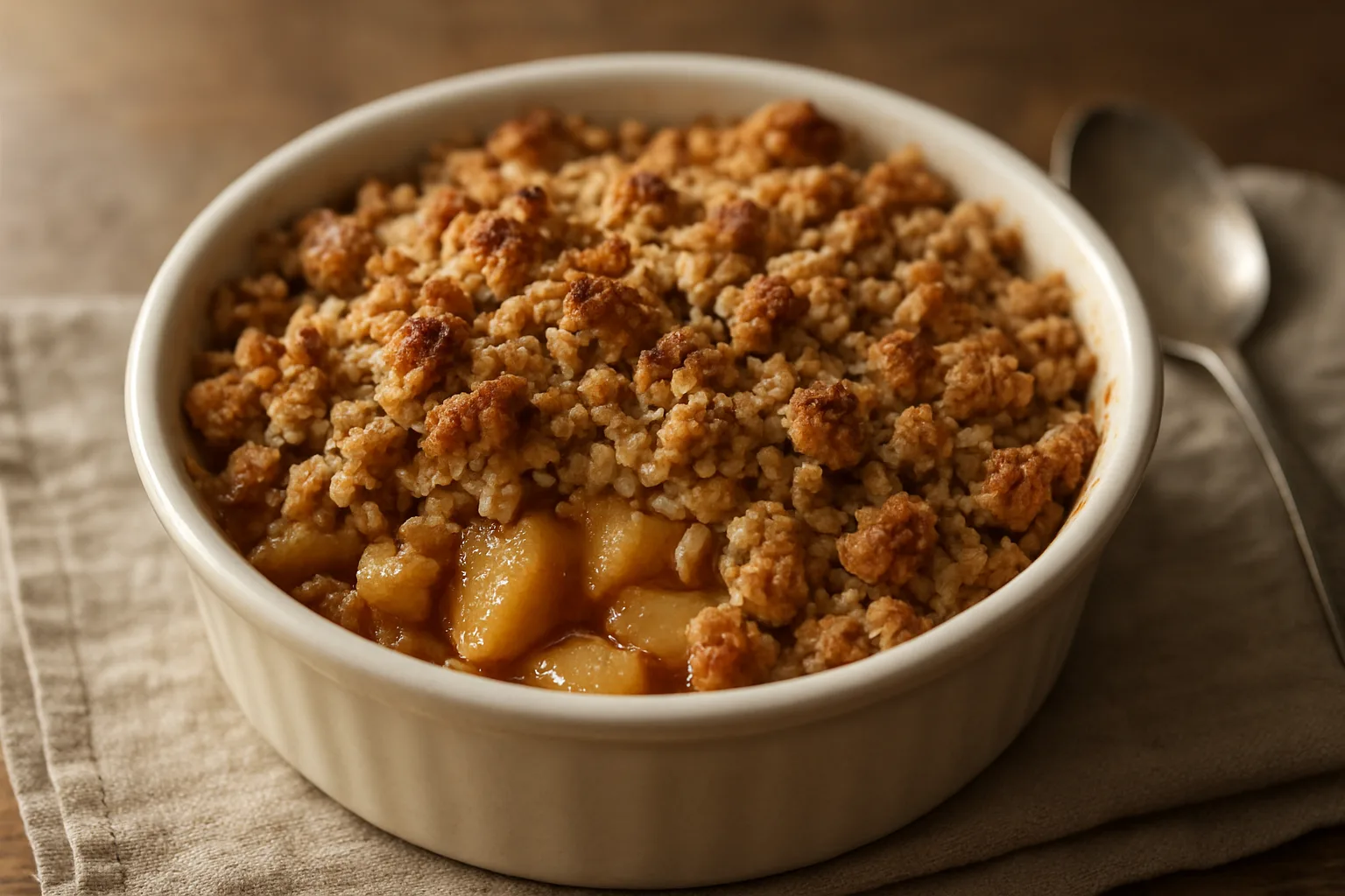 Goldbraunes Apfel-Zimt-Crumble mit knusprigen Haferstreuseln aus dem Airfryer