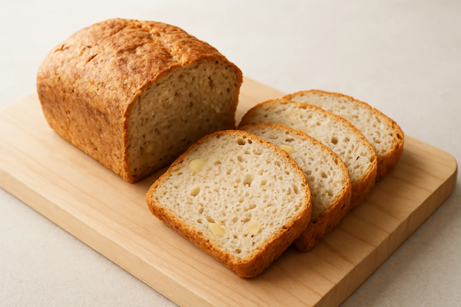 Weiches Apfel-Dinkelbrot für Kleinkinder in Scheiben auf einem hellen Brett
