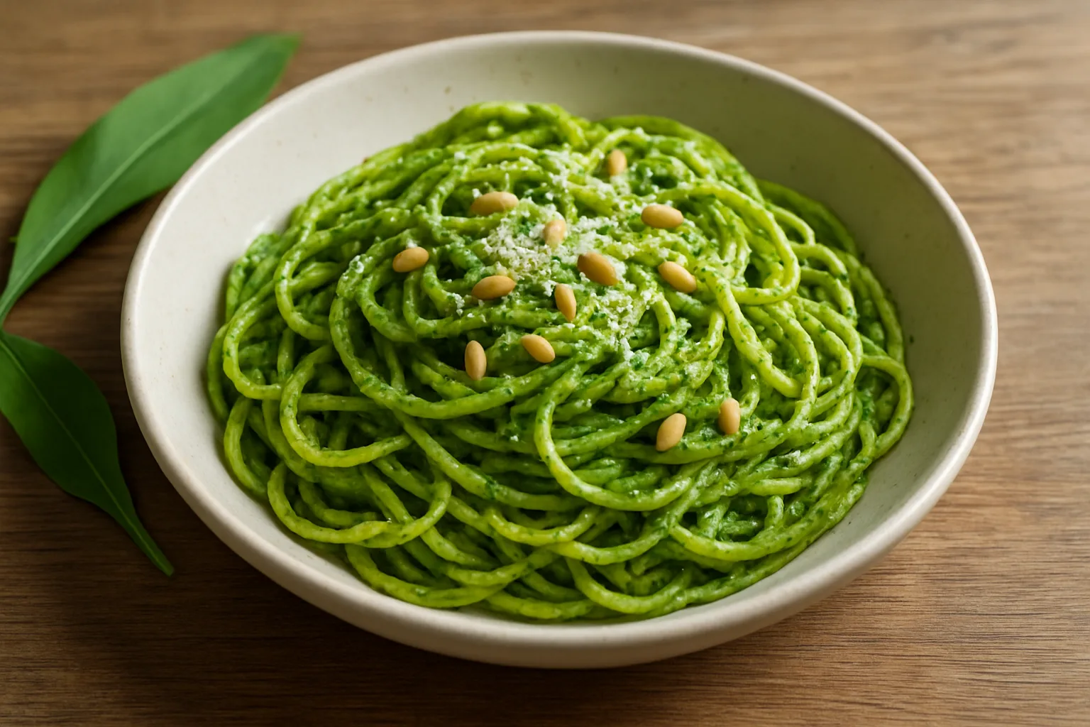 Spaghetti mit grünem selbstgemachtem Bärlauchpesto und geriebenem Parmesan