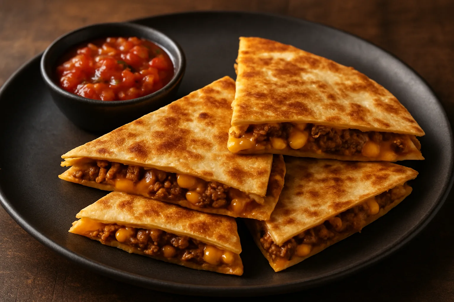Knusprige BBQ-Hackfleisch-Quesadillas mit geschmolzenem Cheddar