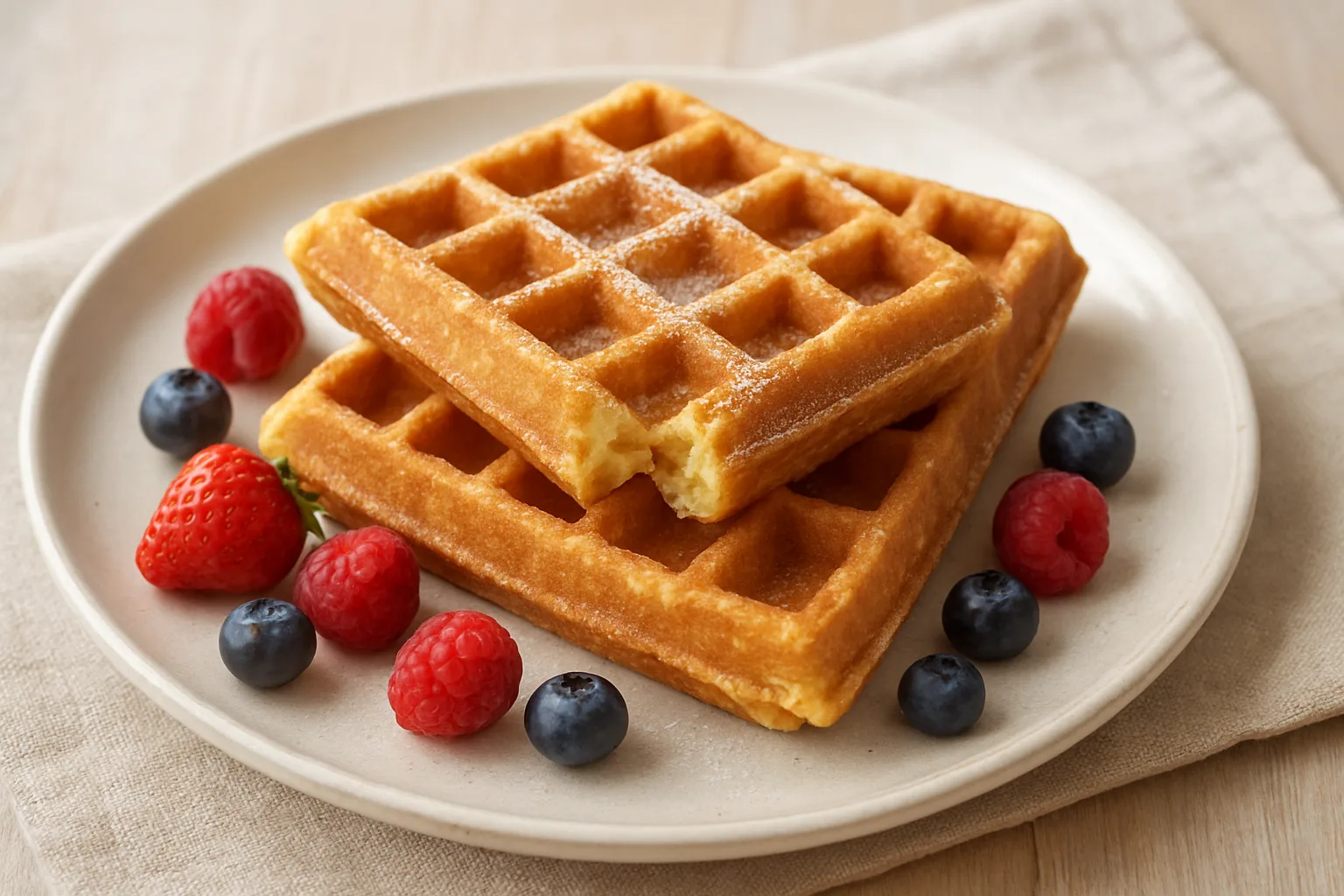 Goldbraune belgische Waffeln mit frischen Beeren auf einem hellen Teller