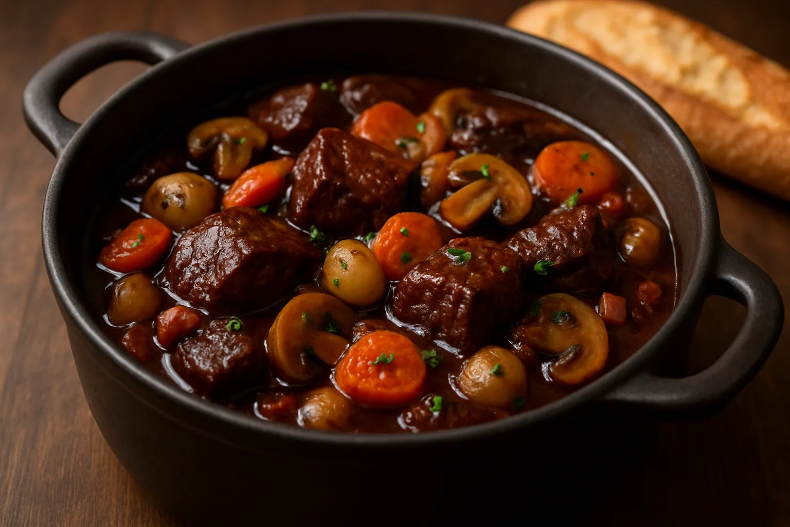 Boeuf Bourguignon mit zartem Rindfleisch, Möhren, Champignons und Perlzwiebeln in dunkler Rotweinsauce