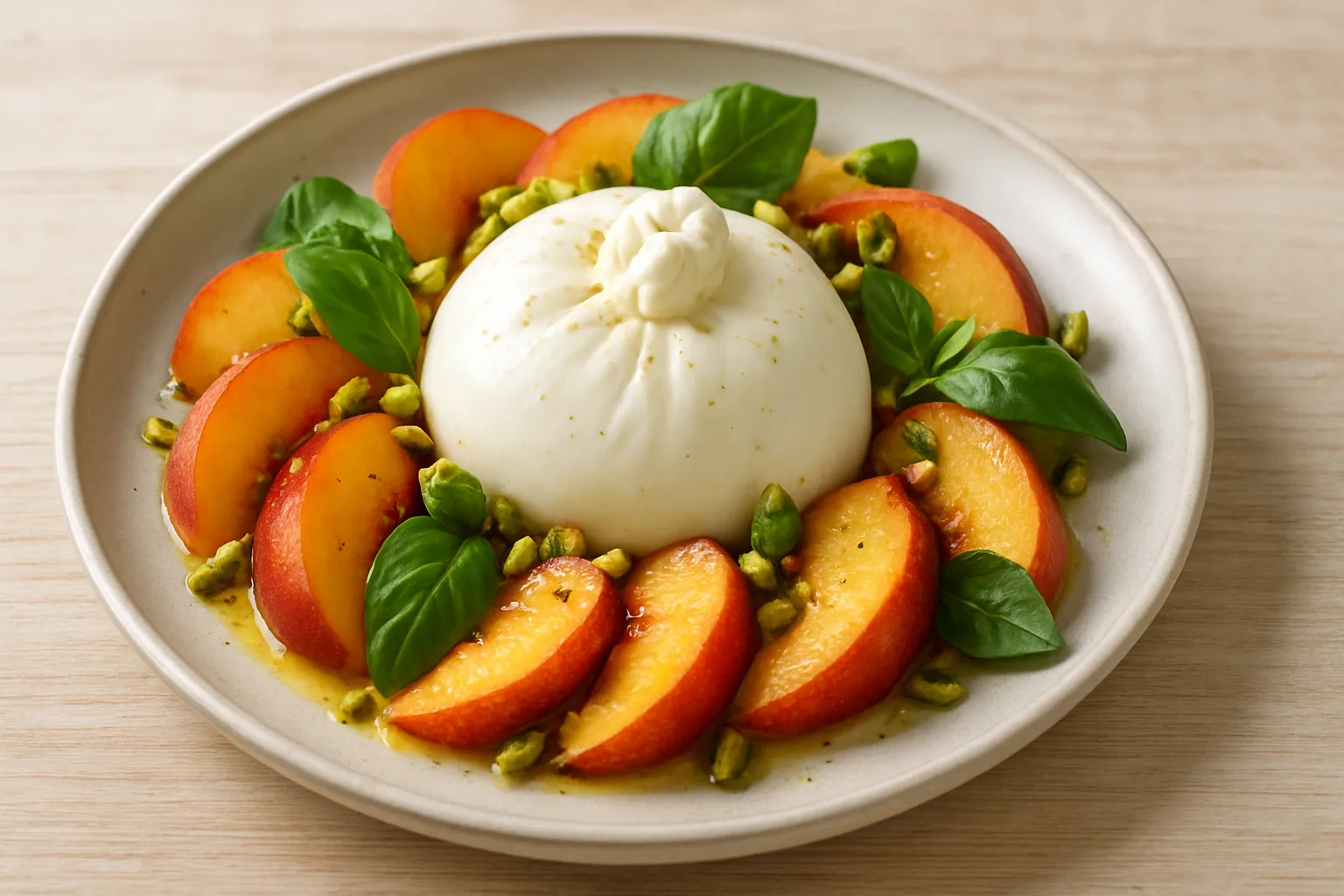 Burrata mit Pfirsich Pistazien und Basilikum