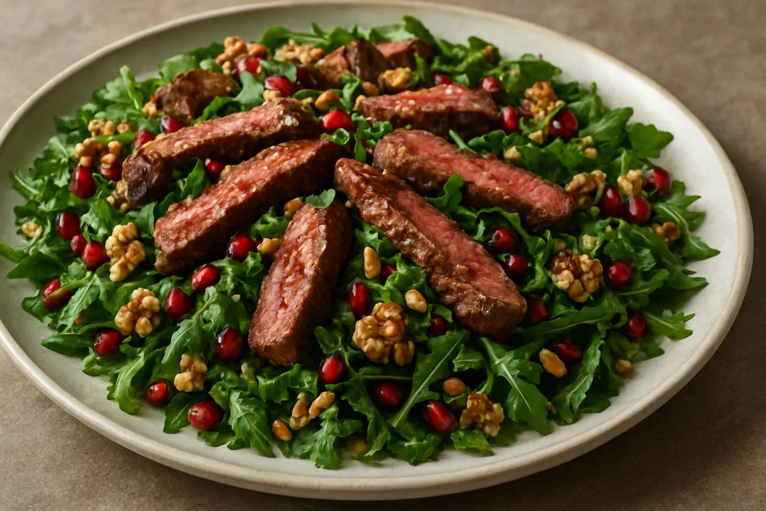 Chris’ Steak-Salat mit Rucola, Granatapfelkernen, Pinienkernen, Walnüssen und saftigen Steakstreifen