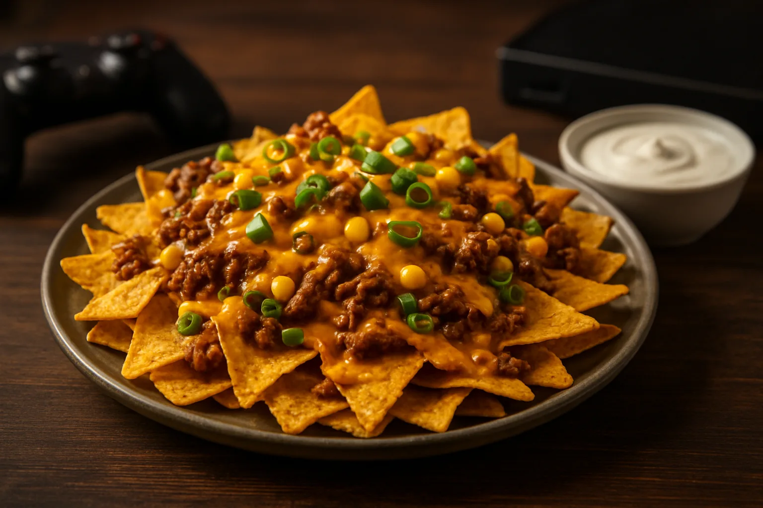 Chris’ Zocker-Nachos mit würzigem Hackfleisch, geschmolzenem Cheddar, Mais und cremigem Dip