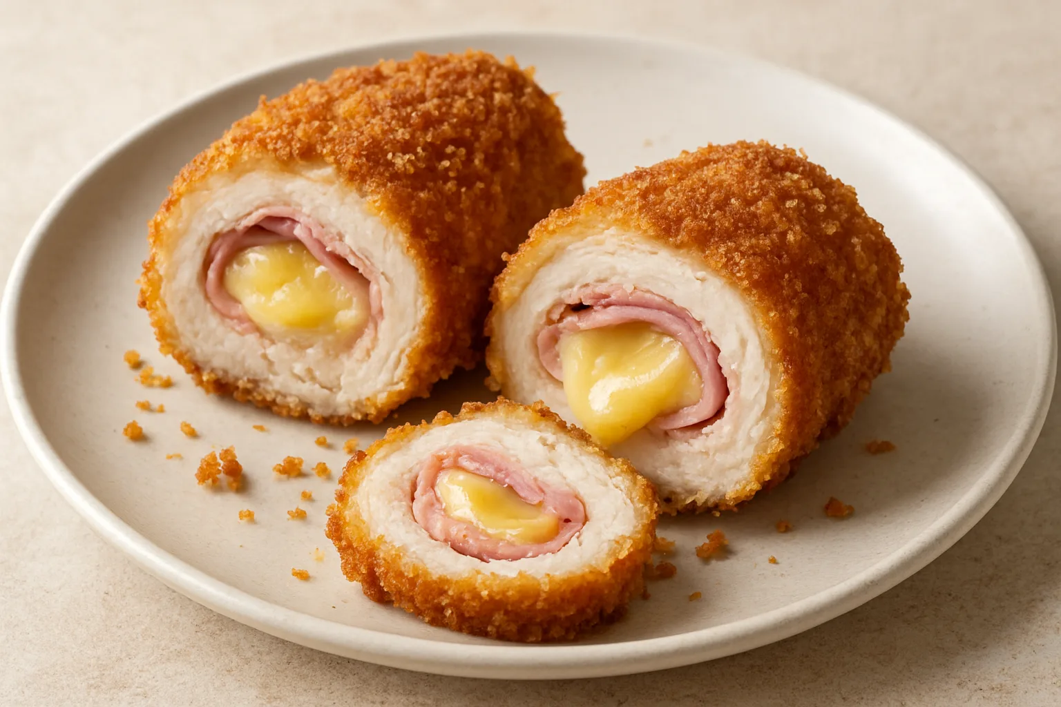 Knusprige Hähnchen-Röllchen mit Schinken und geschmolzenem Käse