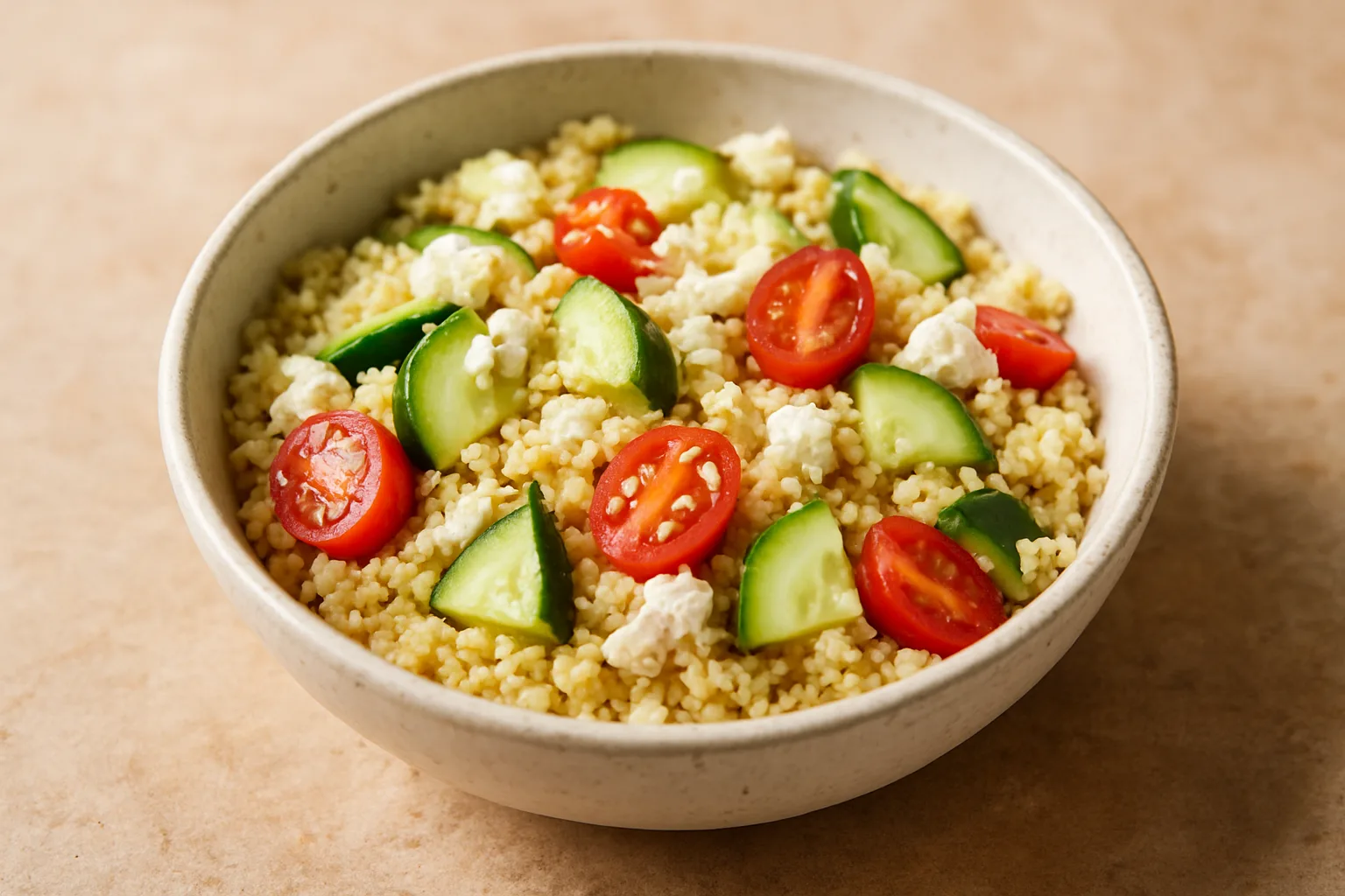 Couscous-Bowl mit Feta Gurke und Tomaten