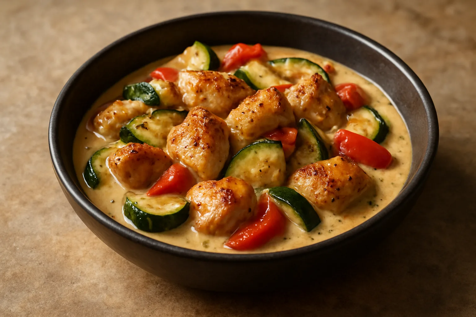 Cremige Hähnchen-Gemüse-Pfanne mit Zucchini und Paprika