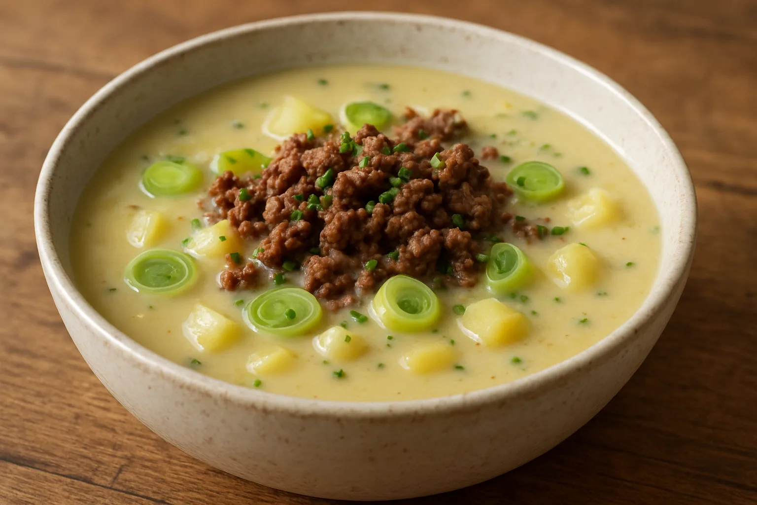 Cremige Kartoffel-Lauch-Suppe mit Rinderhack