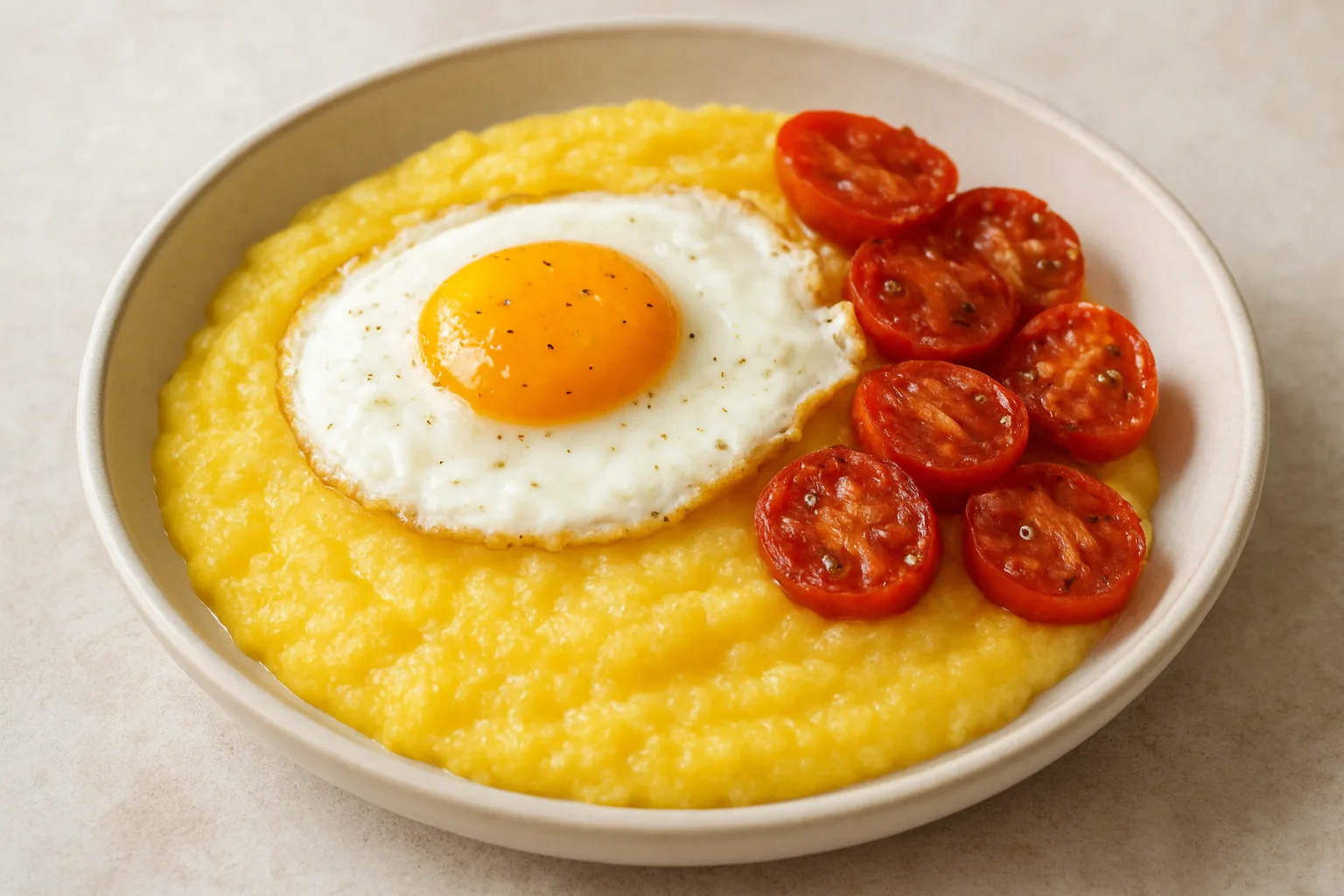 Cremige Mais-Polenta mit Spiegelei und Tomaten