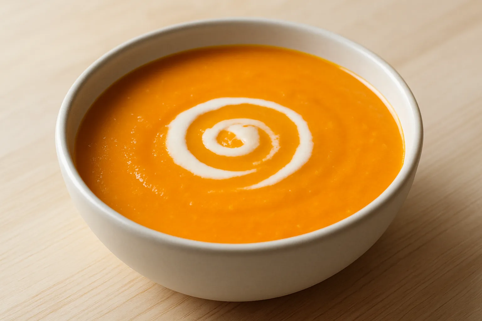 Cremige orange Möhren-Kokos-Suppe in einer hellen Schale