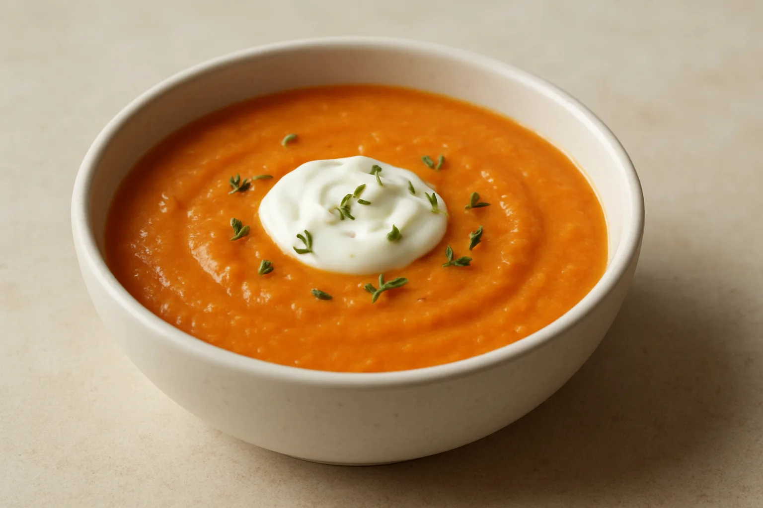 Cremige rote Linsensuppe mit einem Klecks Skyr in einer kleinen Schale