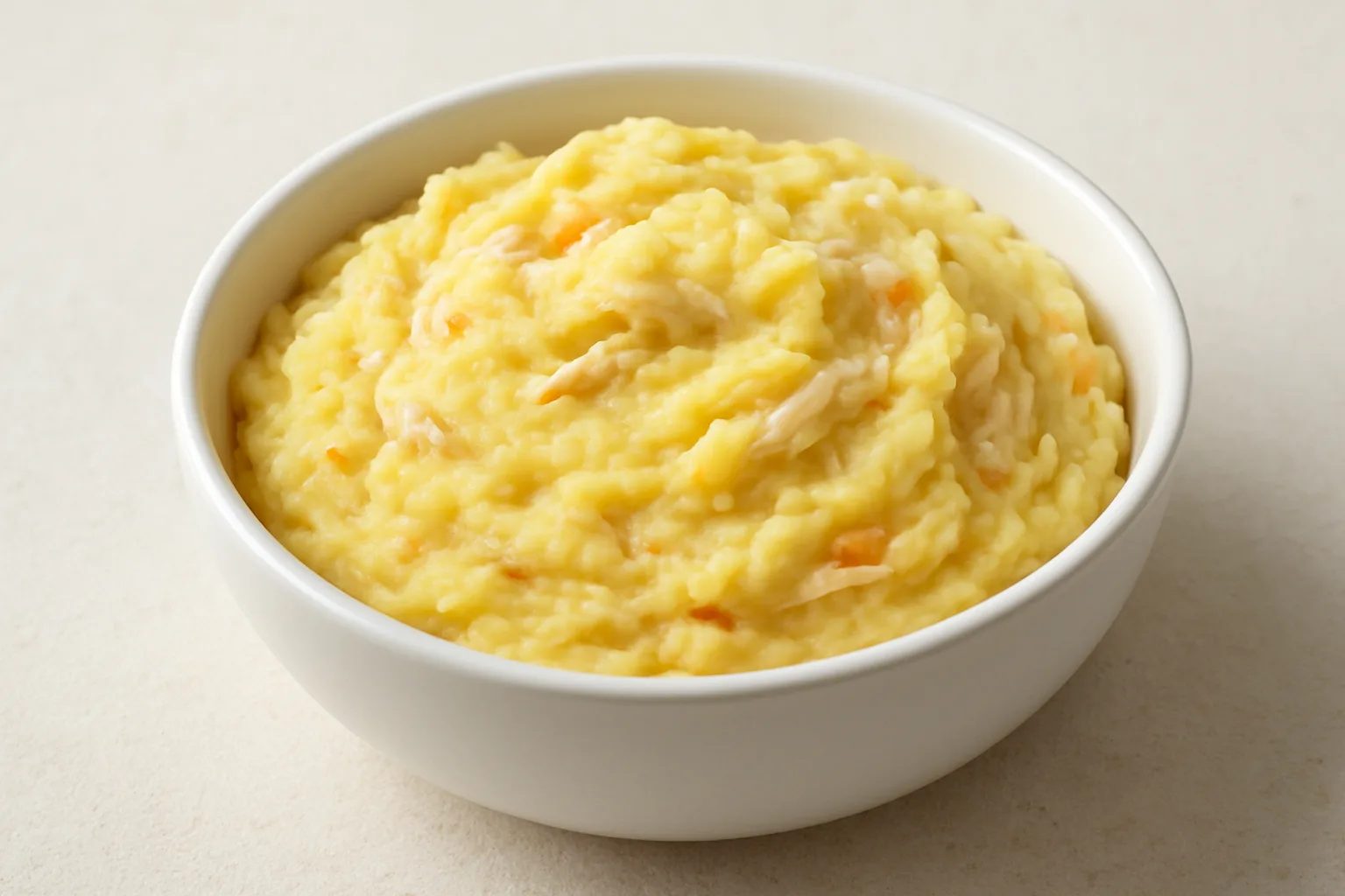 Cremiger Kartoffel-Hähnchen-Stampf mit Möhre in einer kleinen Schale