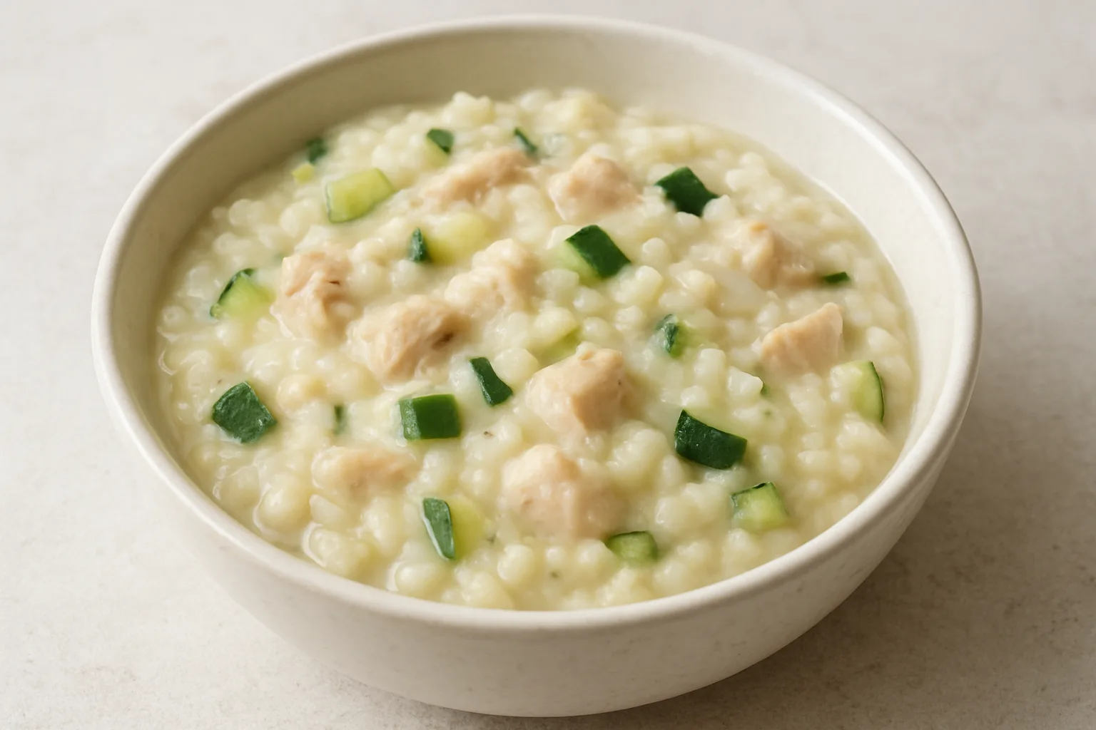 Cremiger Reis mit fein zerkleinertem Hähnchen und Zucchini