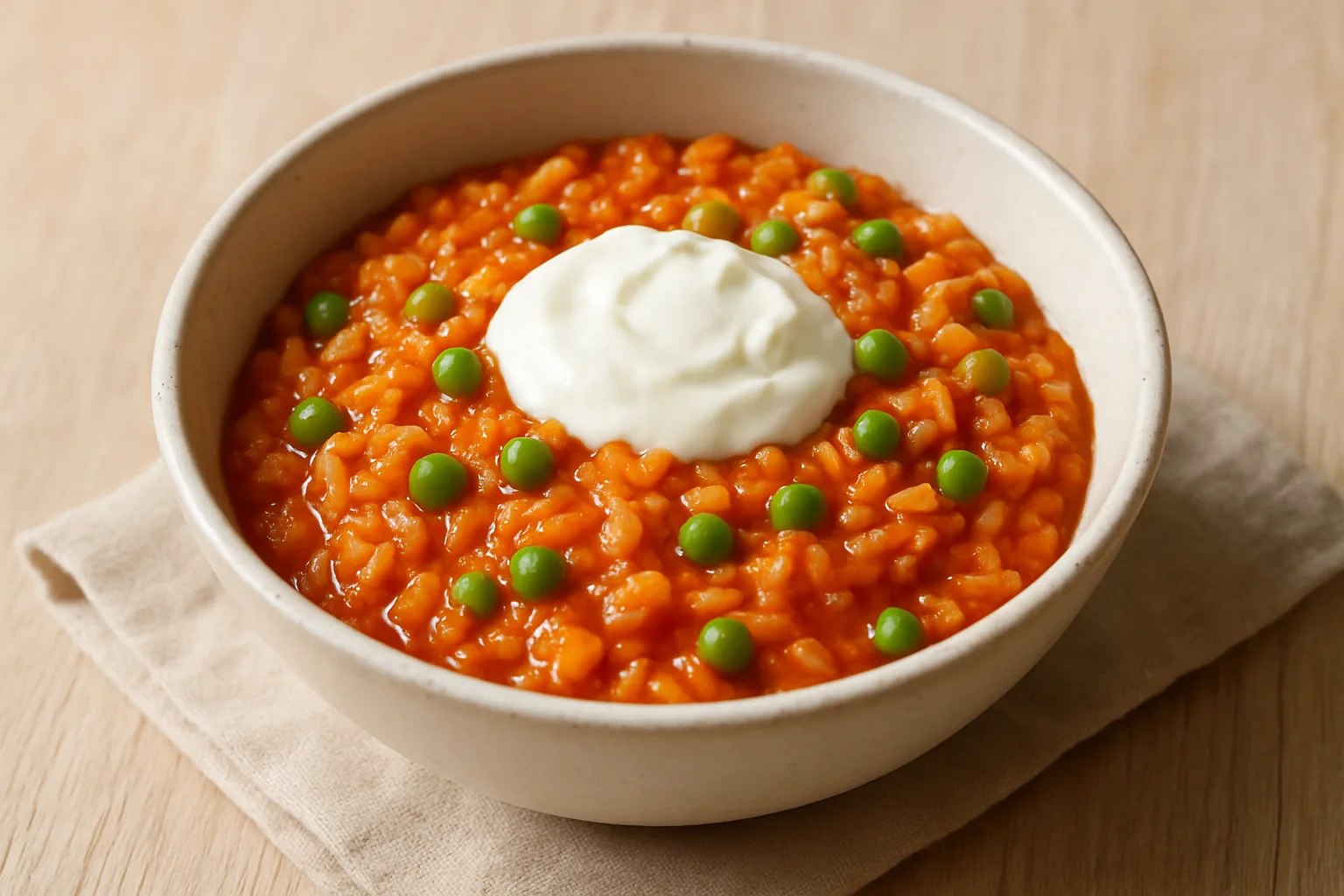 Cremiger Tomatenreis mit grünen Erbsen in einer hellen Schale