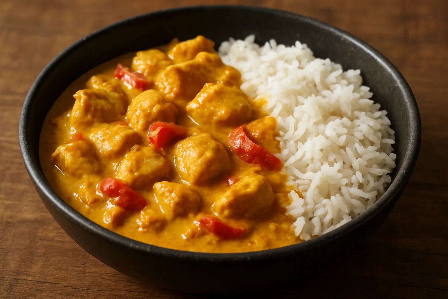 Cremiges Hähnchen-Curry mit Paprika und Basmatireis