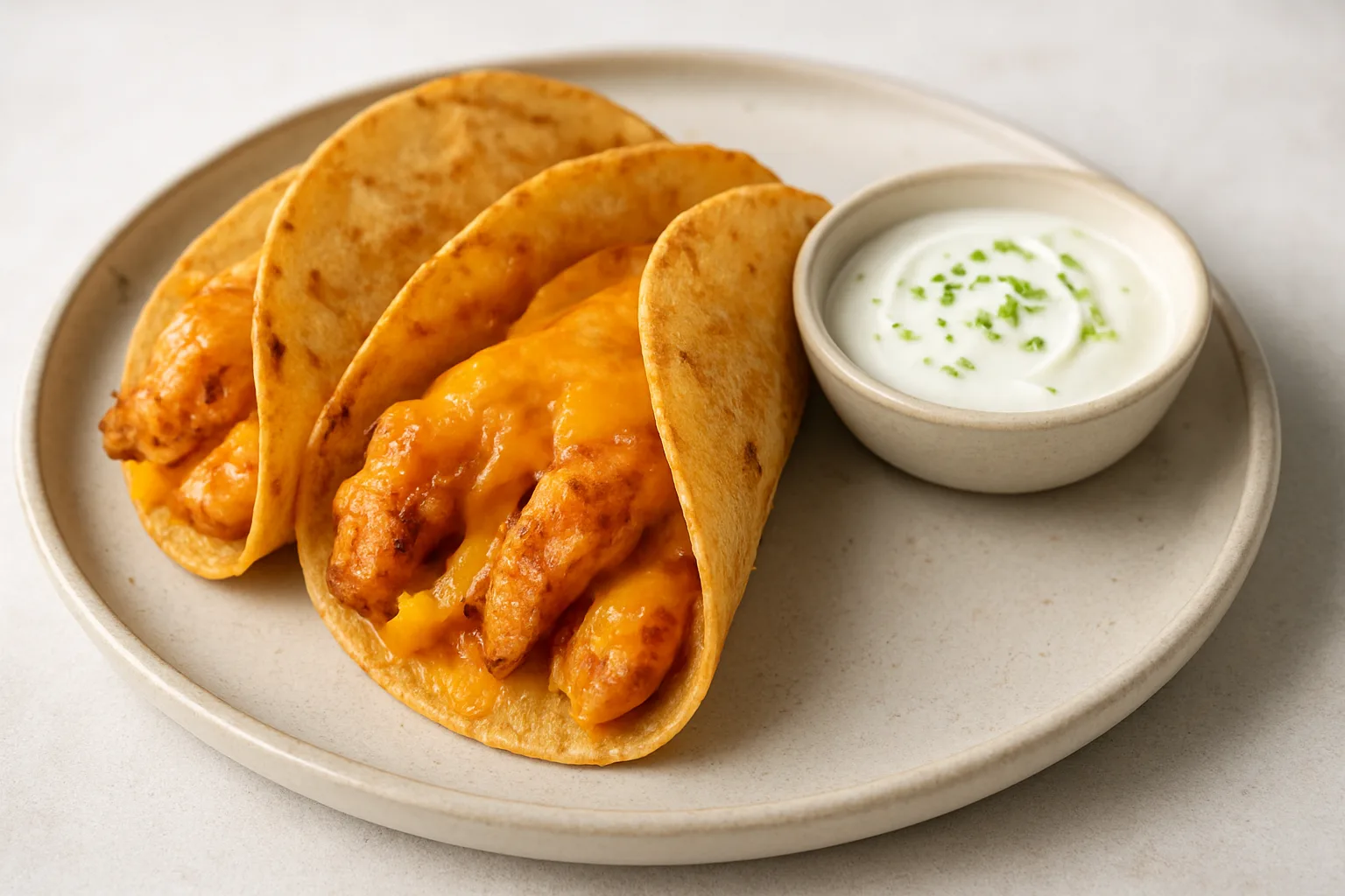 Knusprige Chicken Tacos mit geschmolzenem Käse und Limetten-Dip