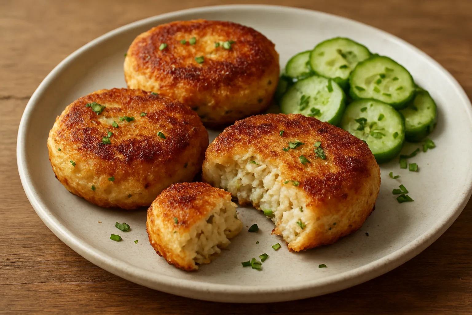 Goldbraune Fischfrikadellen mit Kartoffeln und Kräutern