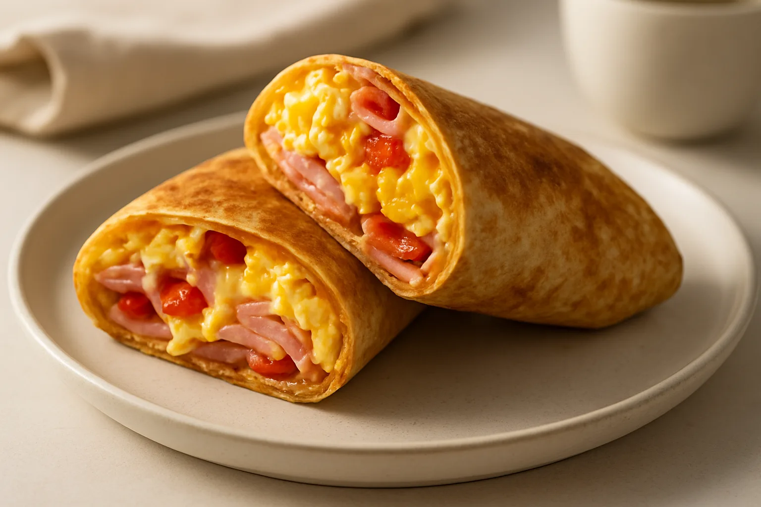 Knuspriger Frühstücks-Wrap mit Ei, Schinken und geschmolzenem Käse