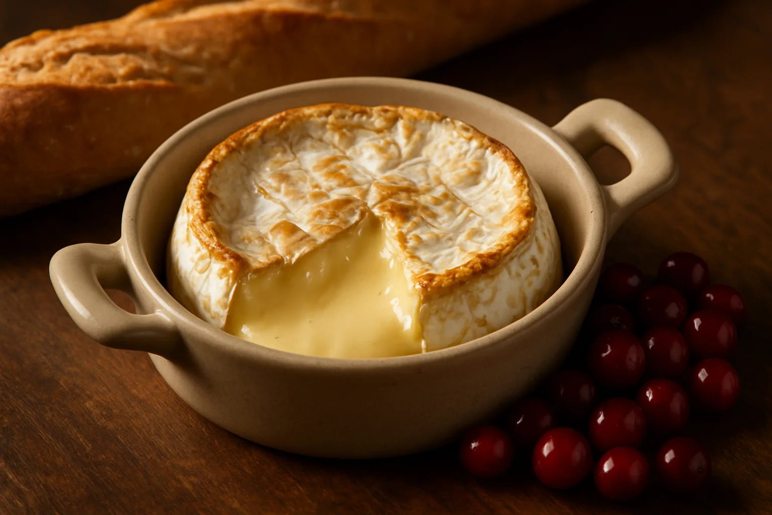 Warmer gebackener Camembert mit Preiselbeeren und leicht gebräunter Oberfläche