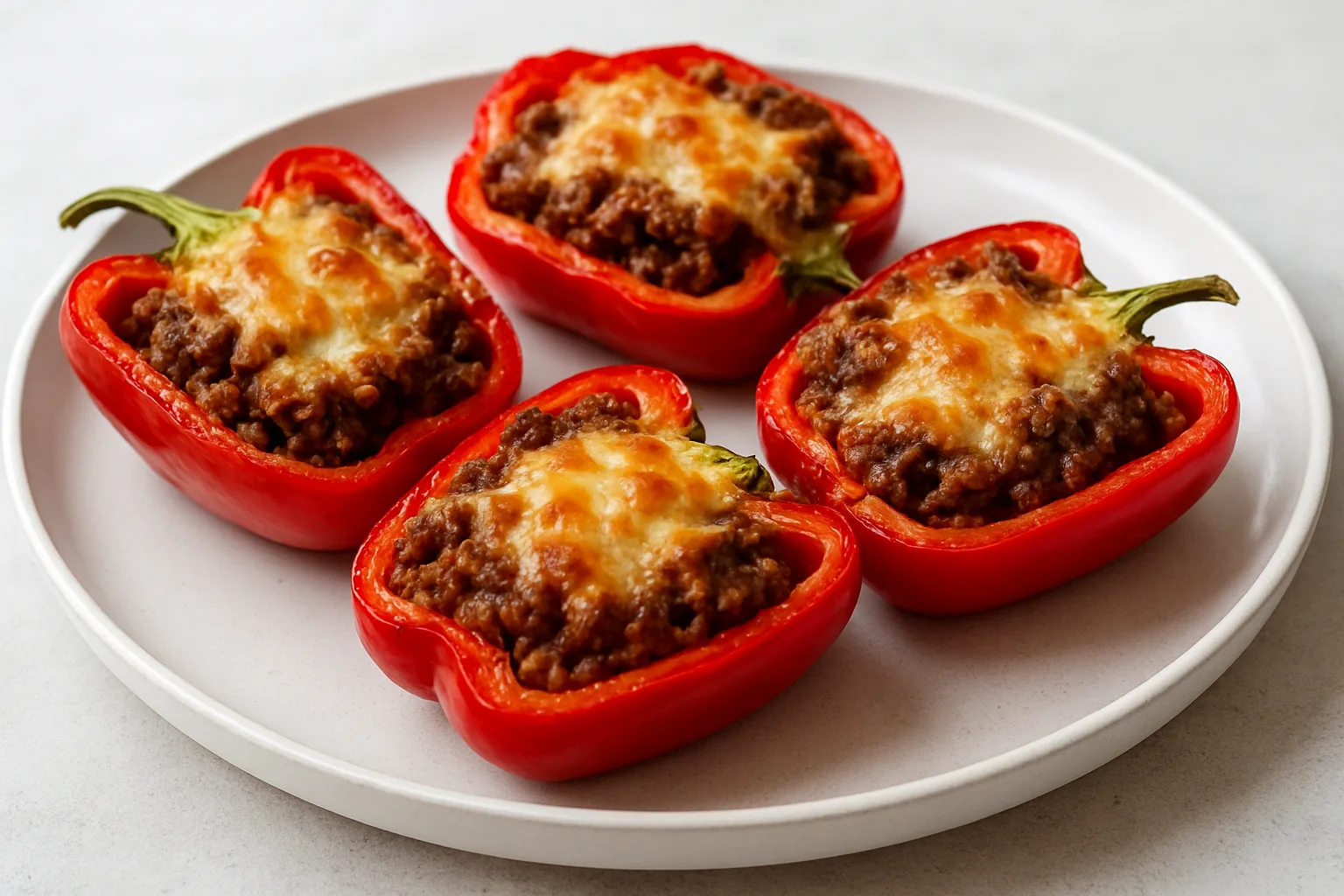 Gefüllte rote Paprika mit Rinderhack und goldbraunem Käse aus dem Airfryer