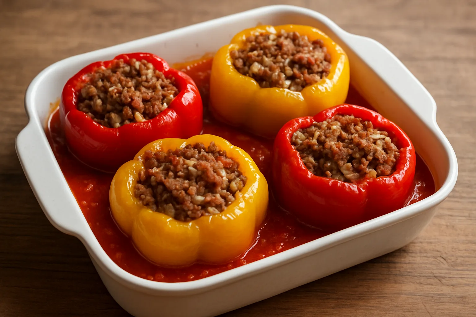 Gefüllte Paprika mit Rinderhack Reis und Tomatensauce