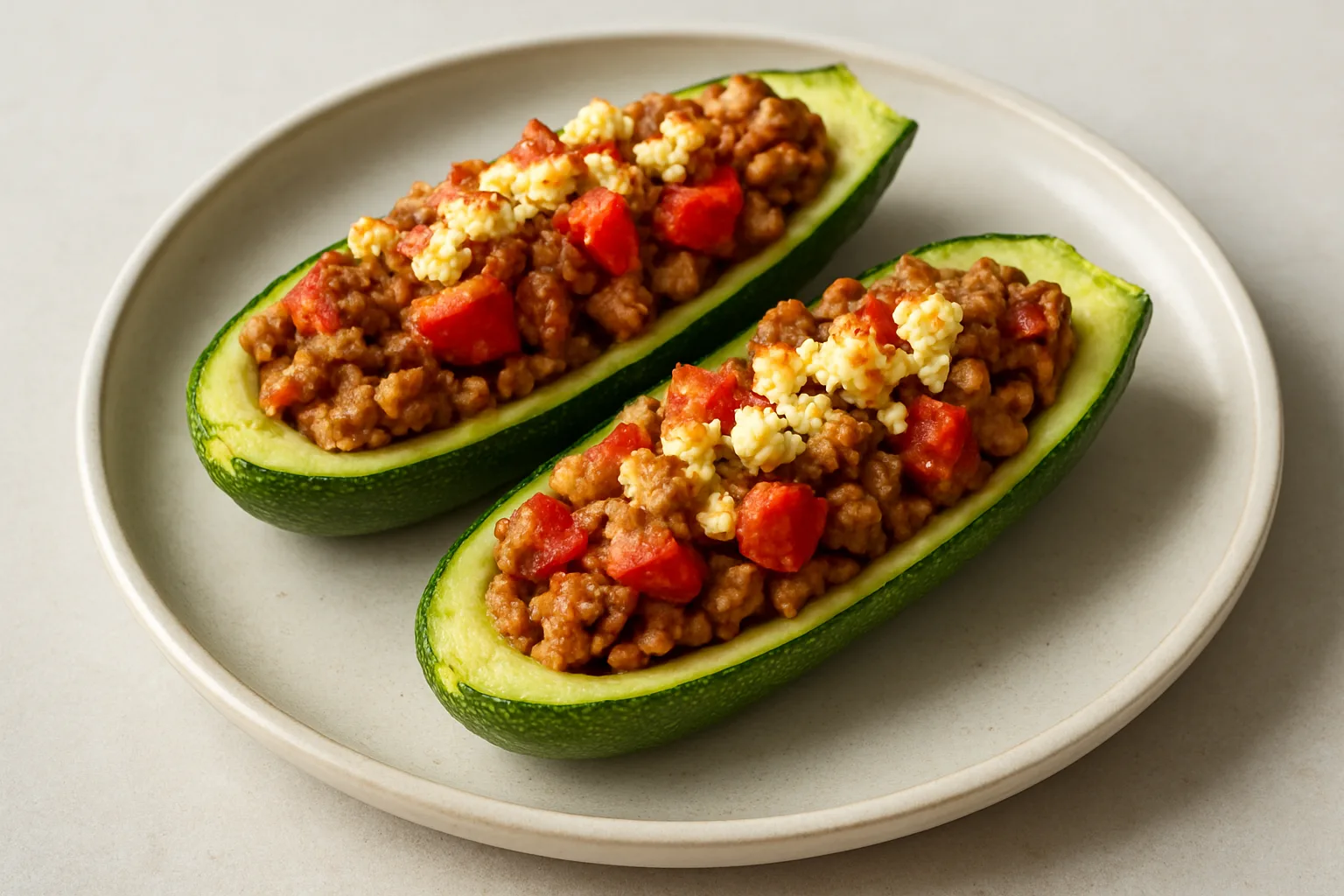 Gefüllte Zucchini mit Putenhack, Tomate und leicht gebräuntem Feta