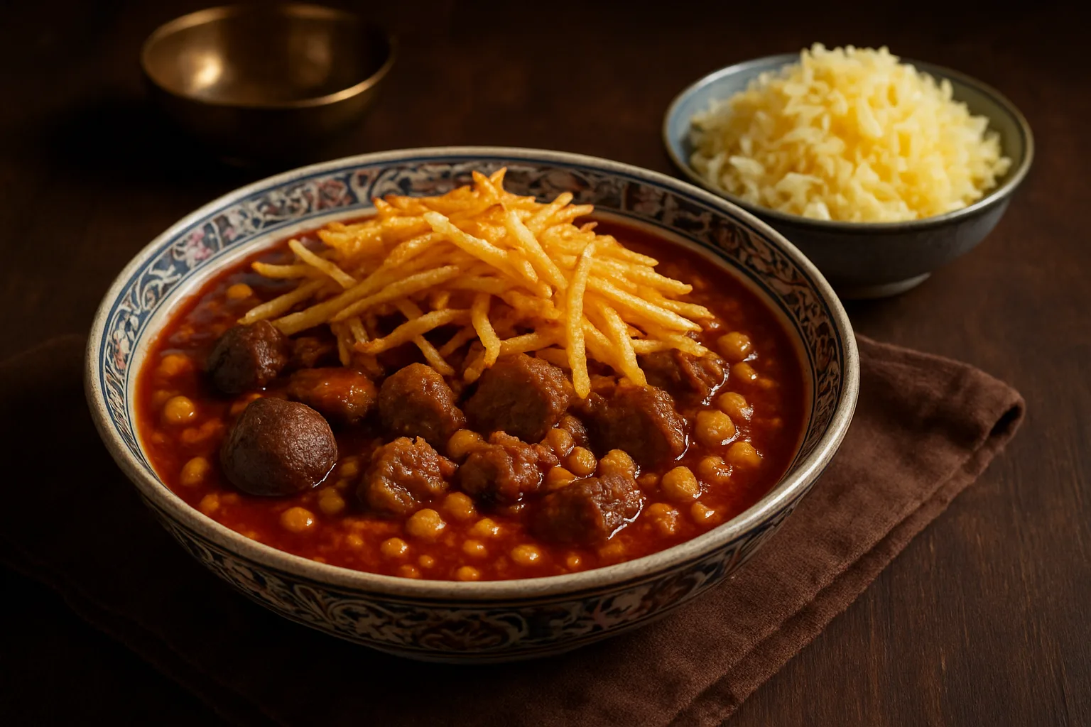 Persisches Gheymeh mit Lamm, gelben Spalterbsen, Tomatensauce und knusprigen Kartoffelstiften