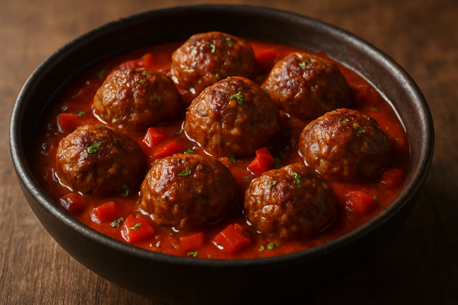 Gebräunte Hackbällchen in Paprika-Tomaten-Sauce aus dem Airfryer