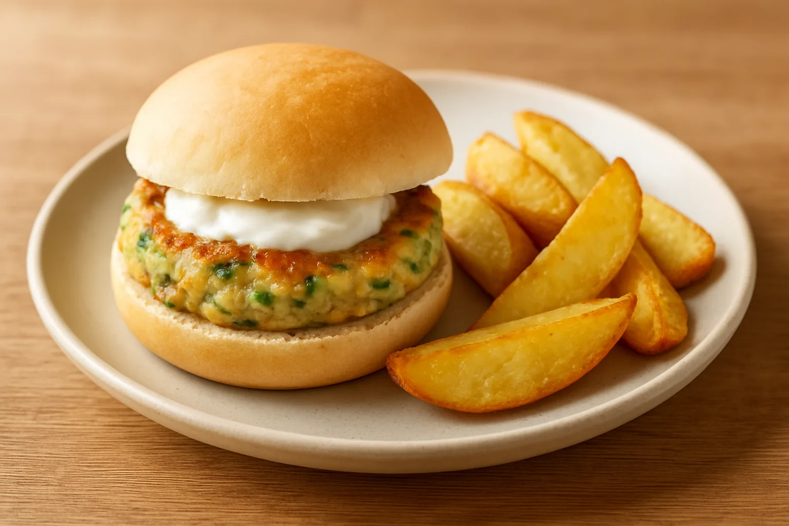Hähnchen-Gemüse-Burger mit Kartoffelspalten für Kleinkinder