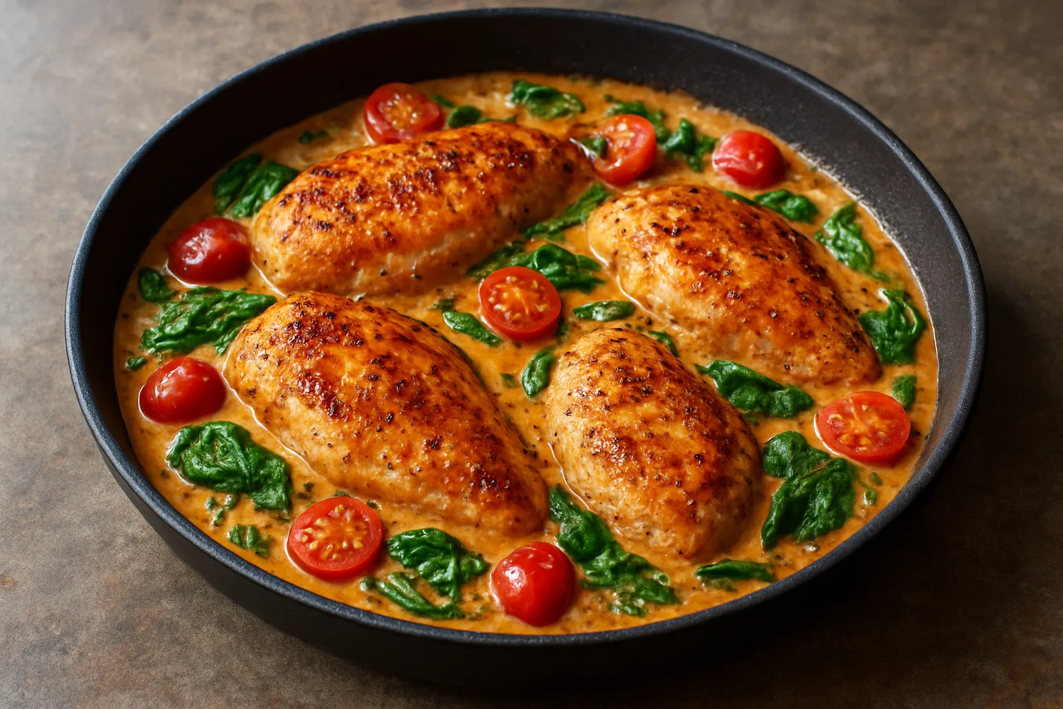 Hähnchen in cremiger Tomaten-Parmesan-Sauce mit Spinat