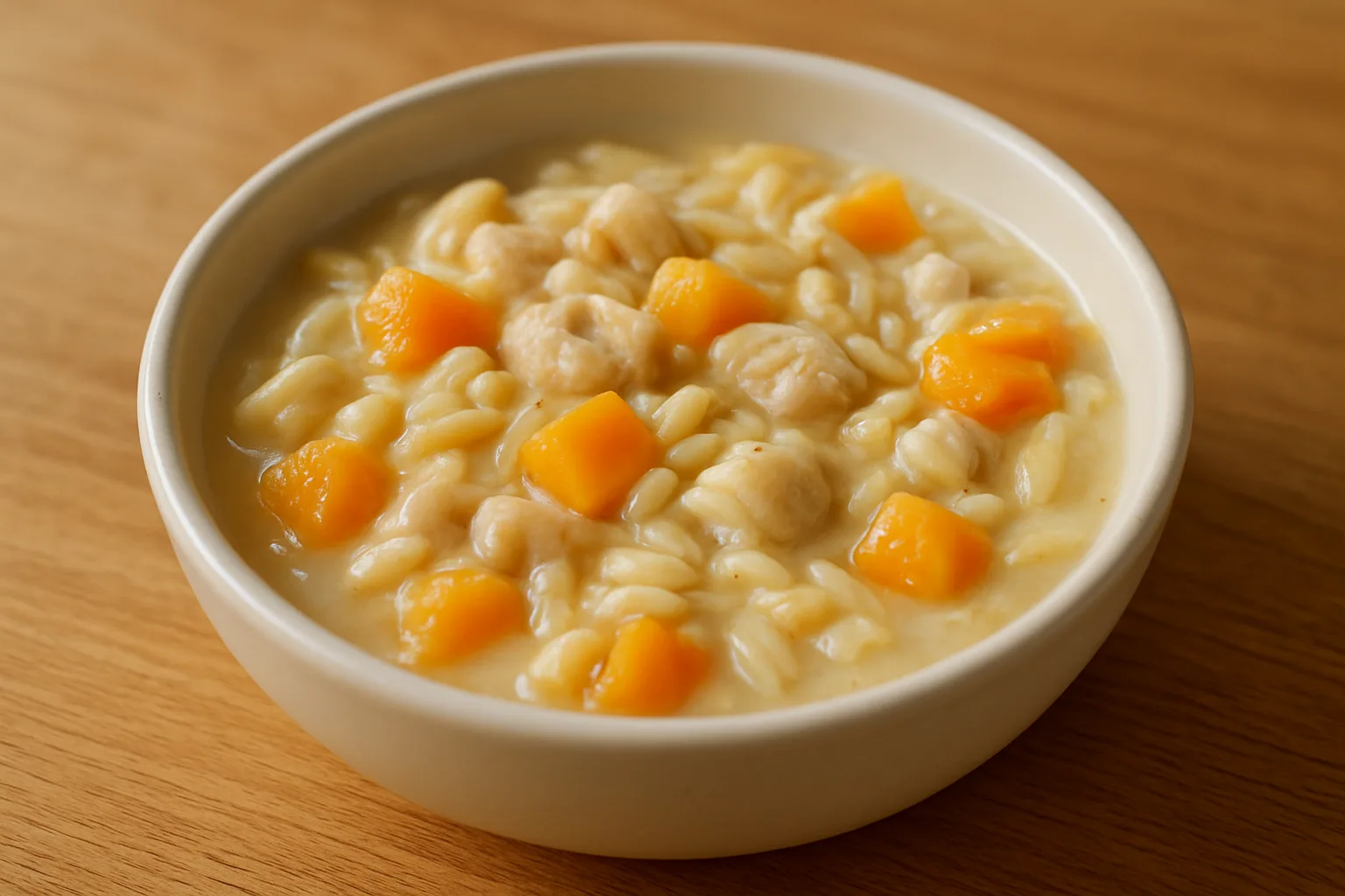 Cremiges Hähnchen-Kürbis-Orzo für Kleinkinder ab 12 Monaten