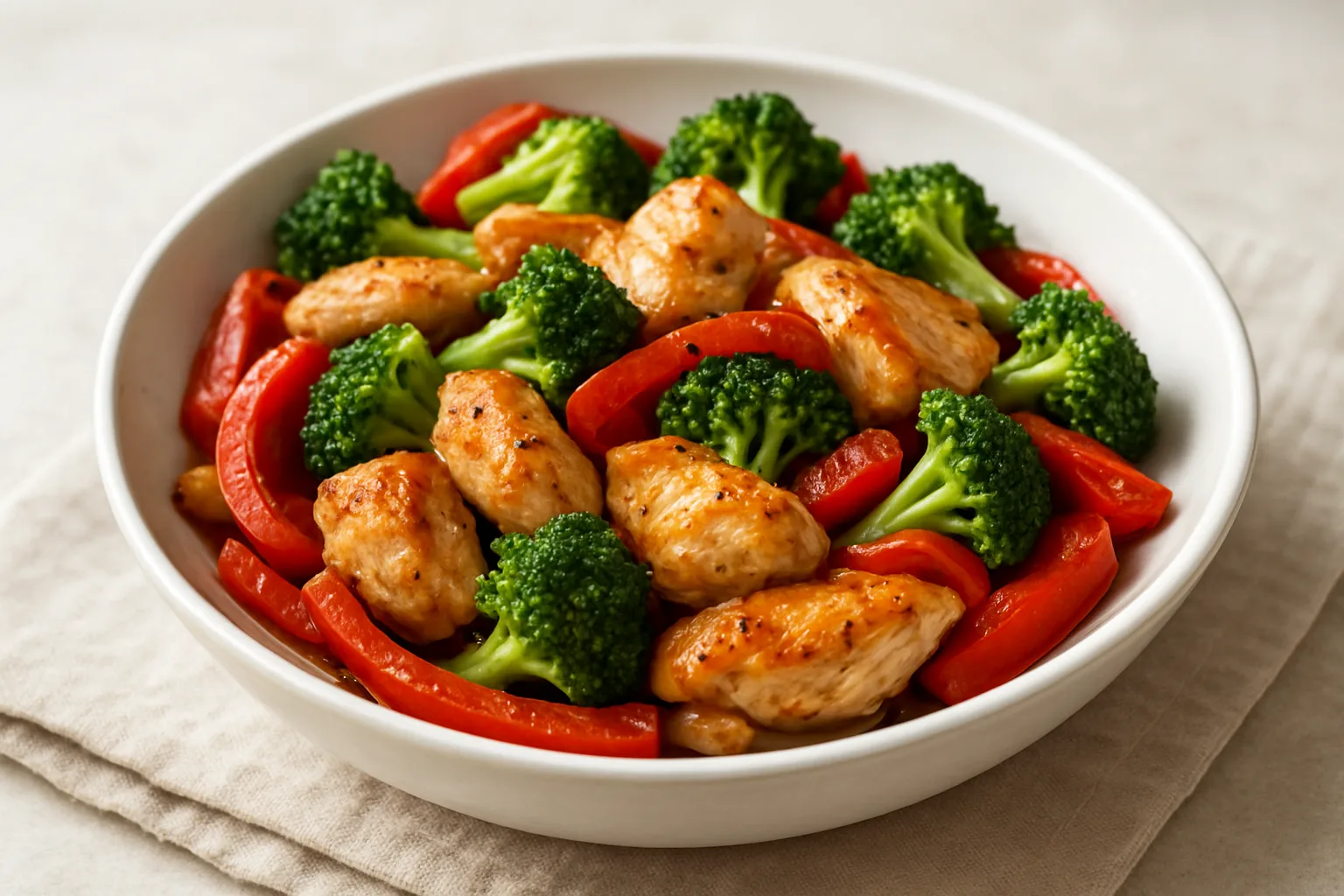 Hähnchen-Paprika-Pfanne mit Brokkoli und roten Paprikastreifen