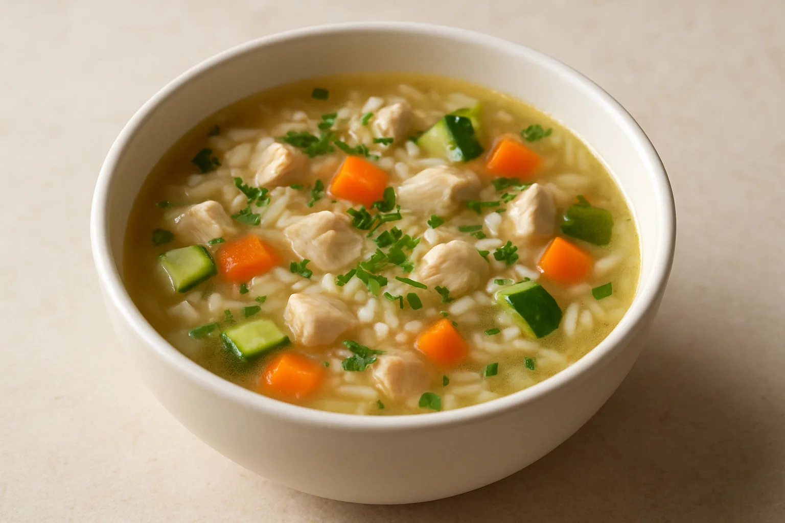 Leichte Hähnchen-Reis-Suppe mit Gemüse, kleinen Hähnchenstücken und Petersilie