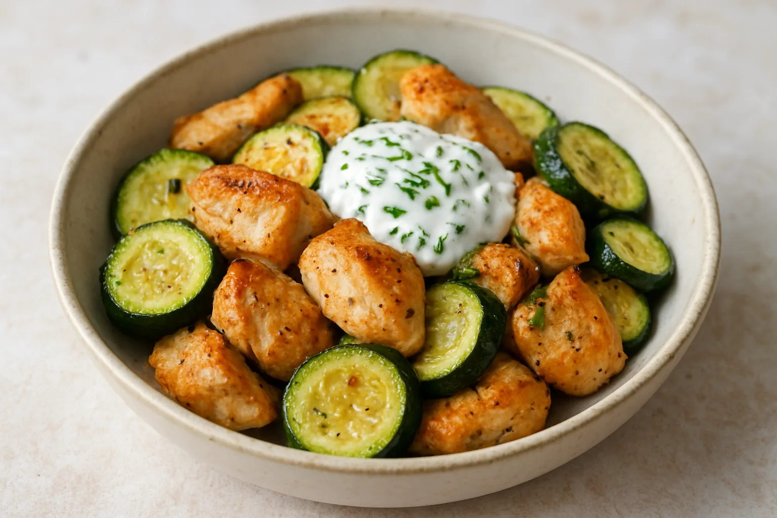 Hähnchen-Zucchini-Pfanne mit cremiger Joghurt-Kräuter-Sauce in einer hellen Schale