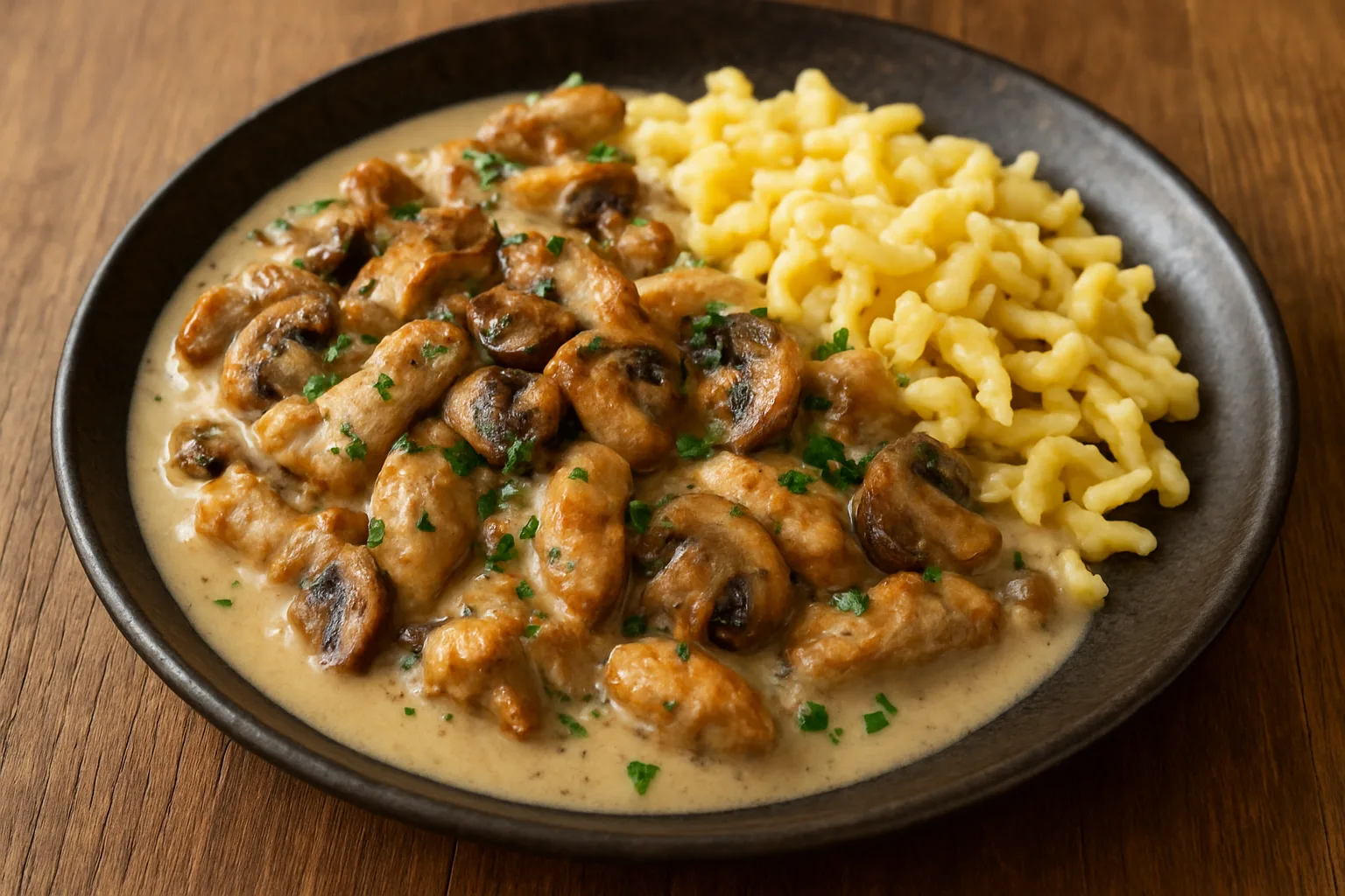 Hähnchengeschnetzeltes mit Champignons in cremiger Rahmsauce