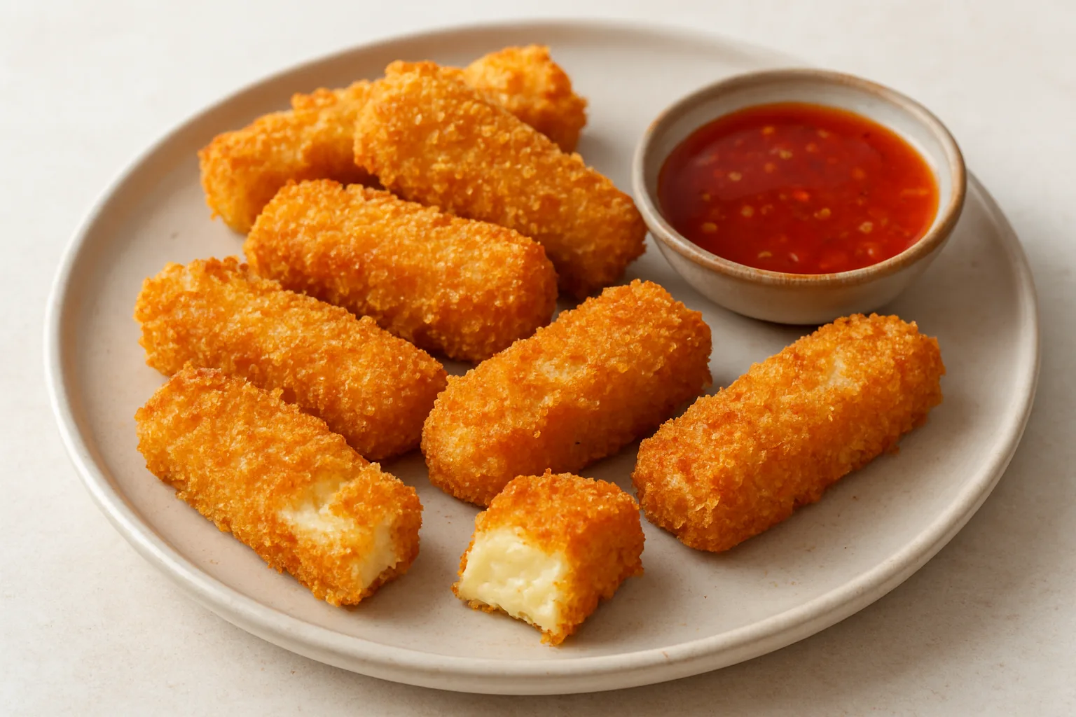 Goldbraune knusprige Halloumi-Sticks mit Sweet-Chili-Dip