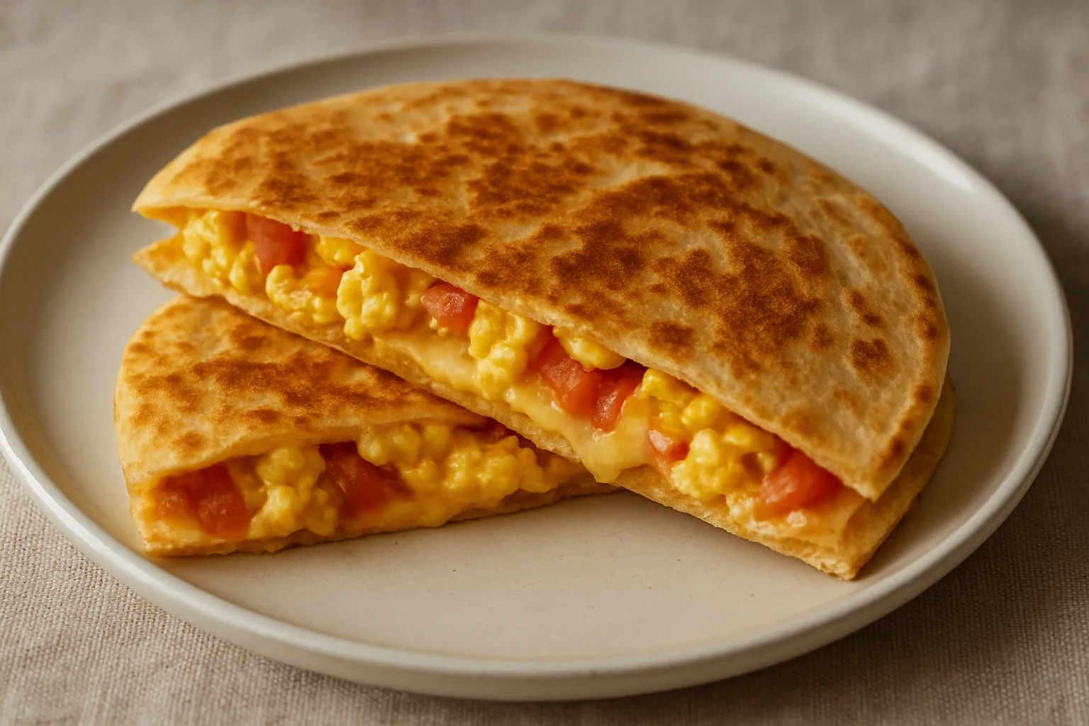Herzhafte Frühstücks-Quesadilla mit Rührei Tomaten und Käse