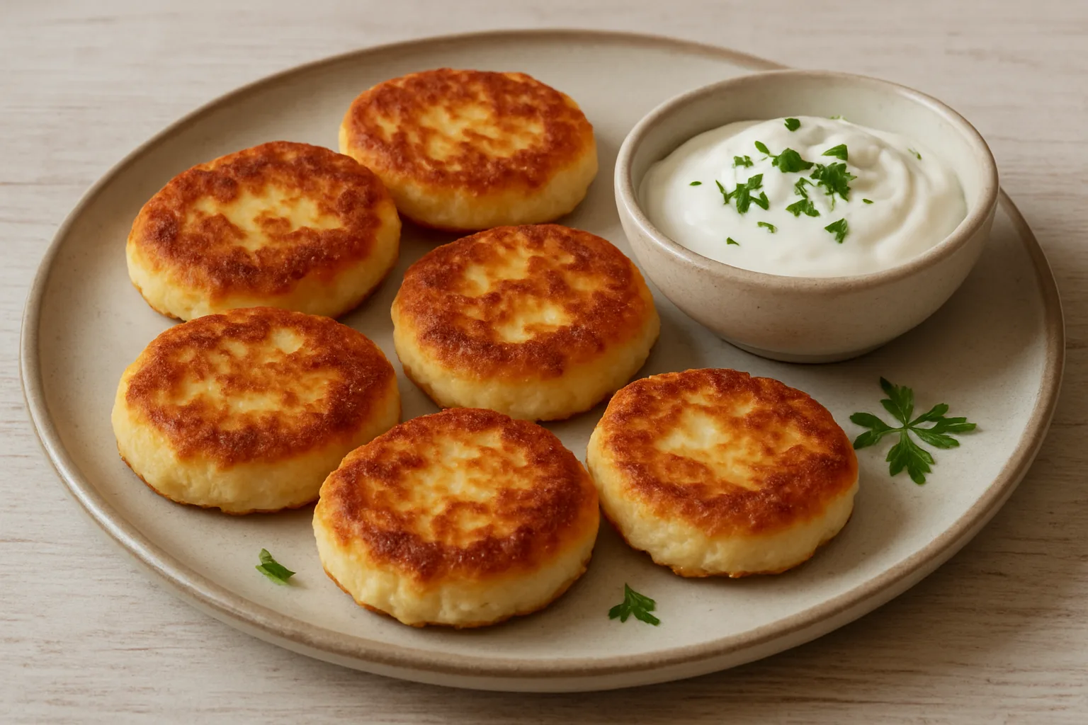 Goldbraune herzhafte Quark-Käse-Puffer mit Joghurt-Dip auf einem Teller