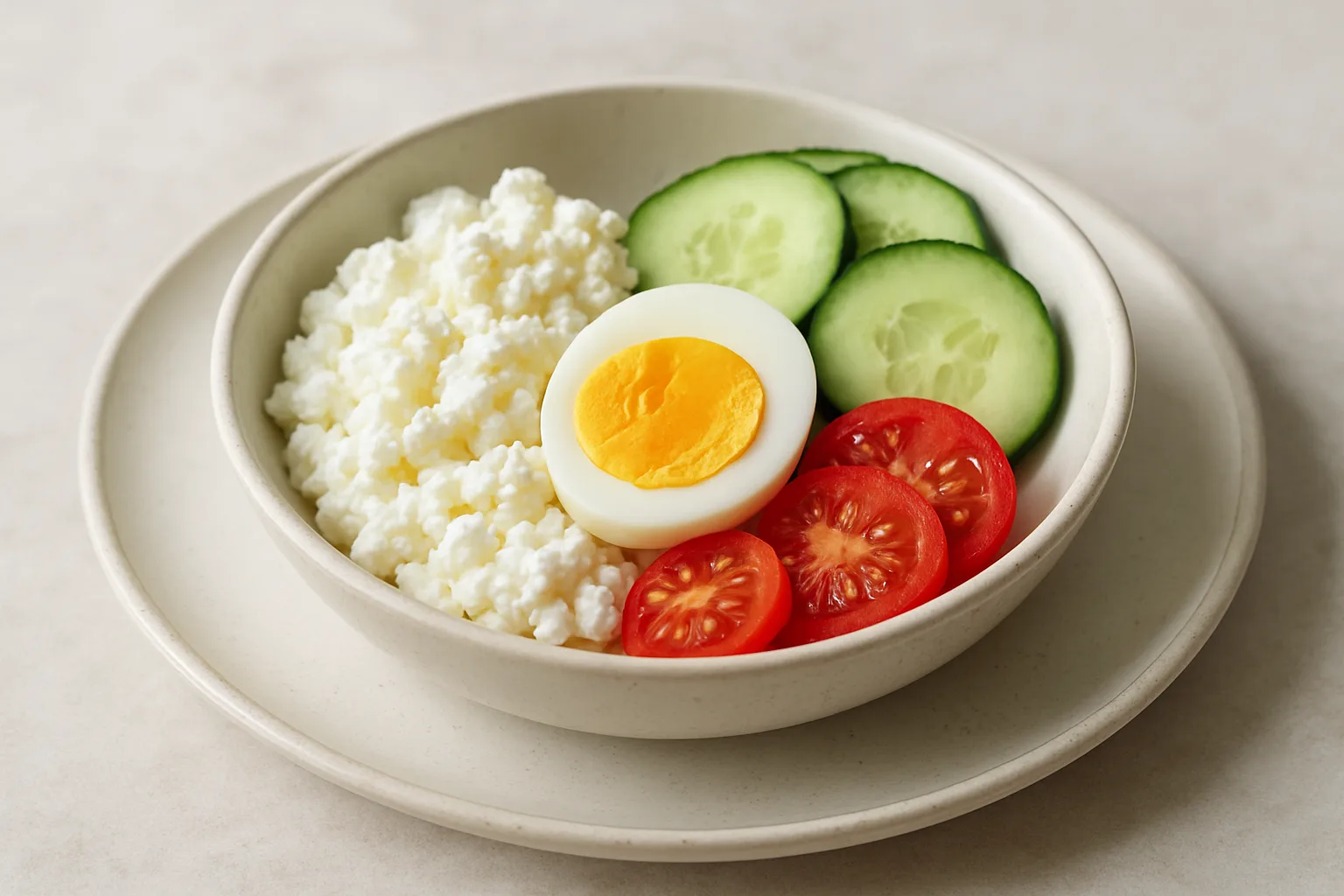 Herzhaftes Hüttenkäse-Frühstück mit Ei Gurke und Tomate