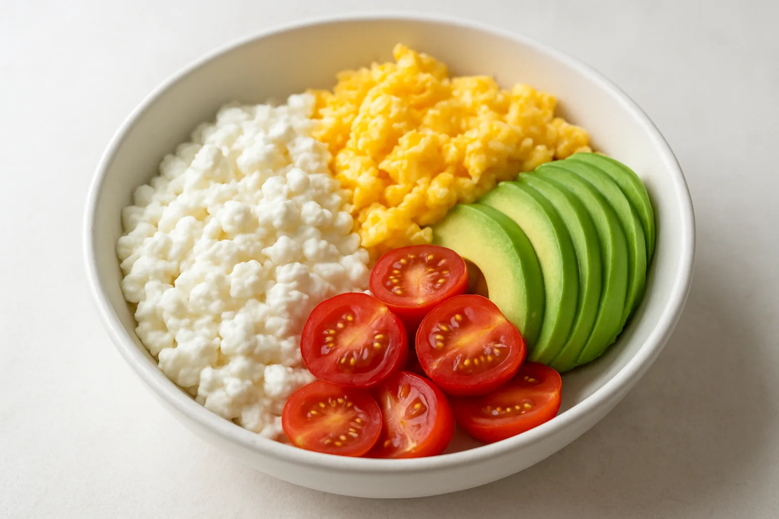 Hüttenkäse-Eier-Bowl mit Avocado und Tomaten