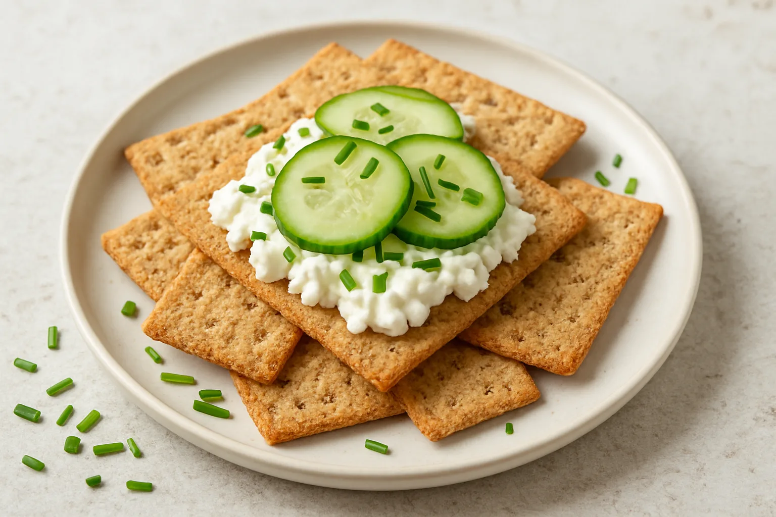 Vollkorn-Cracker mit Hüttenkäse Gurke und Schnittlauch