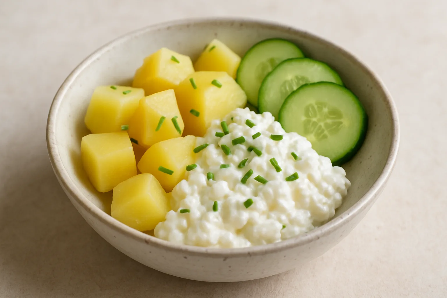 Hüttenkäse-Kartoffel-Bowl mit Gurke und Kräutern