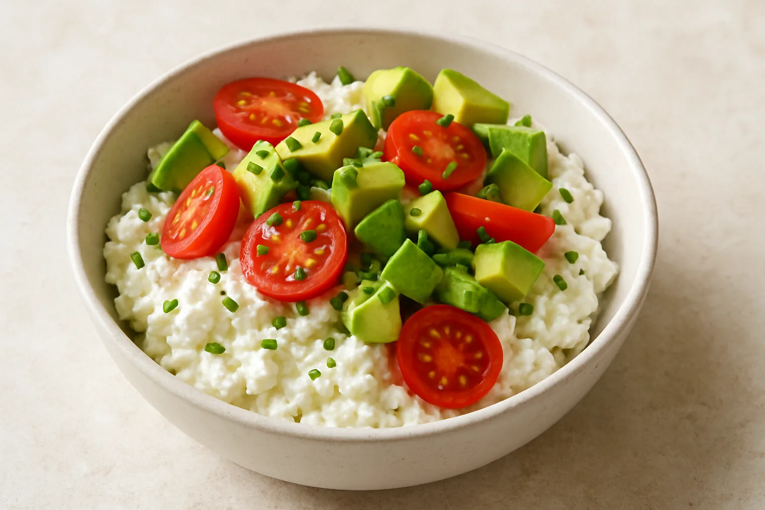 Hüttenkäse-Tomaten-Bowl mit Avocado und Schnittlauch