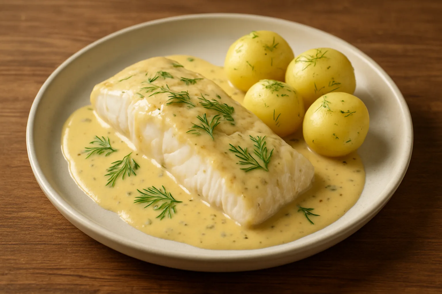 Kabeljau in cremiger Senf-Sahne-Sauce mit Dill