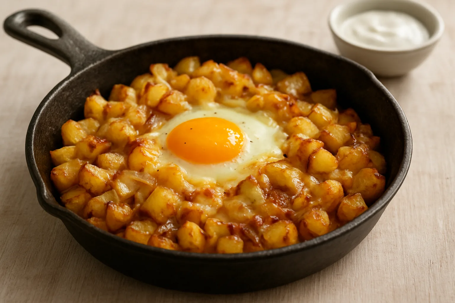 Kartoffel-Eier-Pfanne mit geschmolzenem Käse in einer dunklen Pfanne