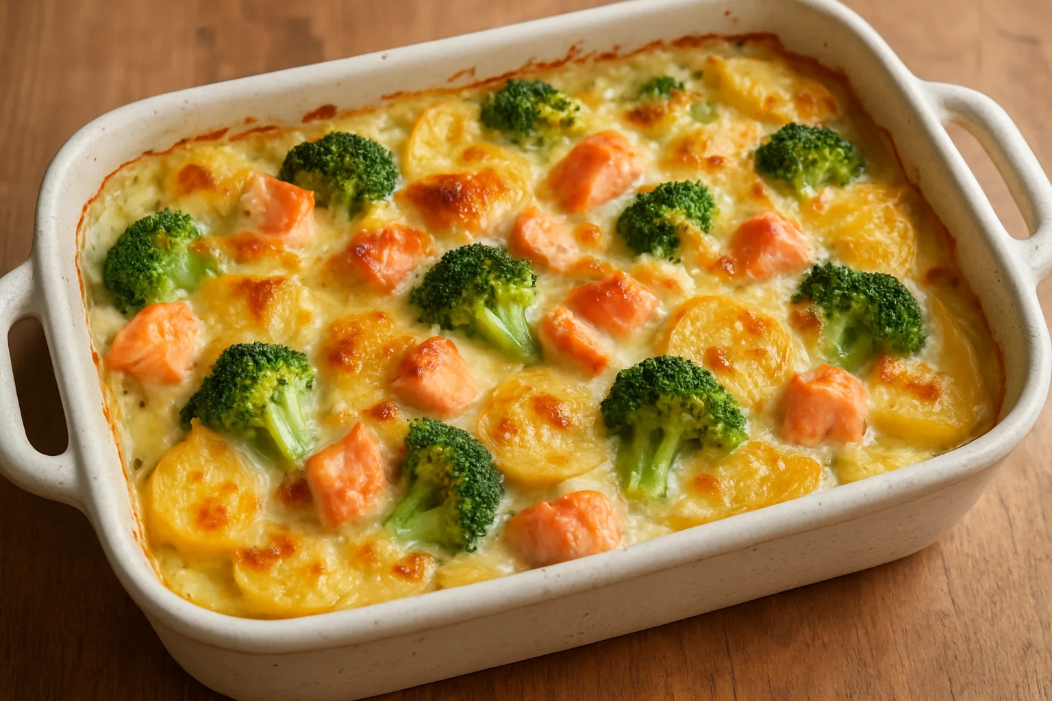 Kartoffel-Lachs-Auflauf mit Brokkoli und goldbraunem Käse