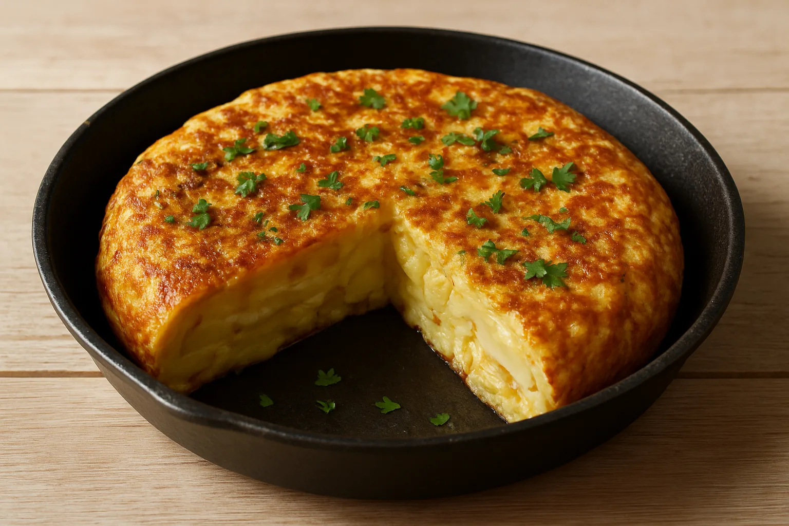Goldbraune Kartoffel-Tortilla mit Käse und Petersilie in einer Pfanne